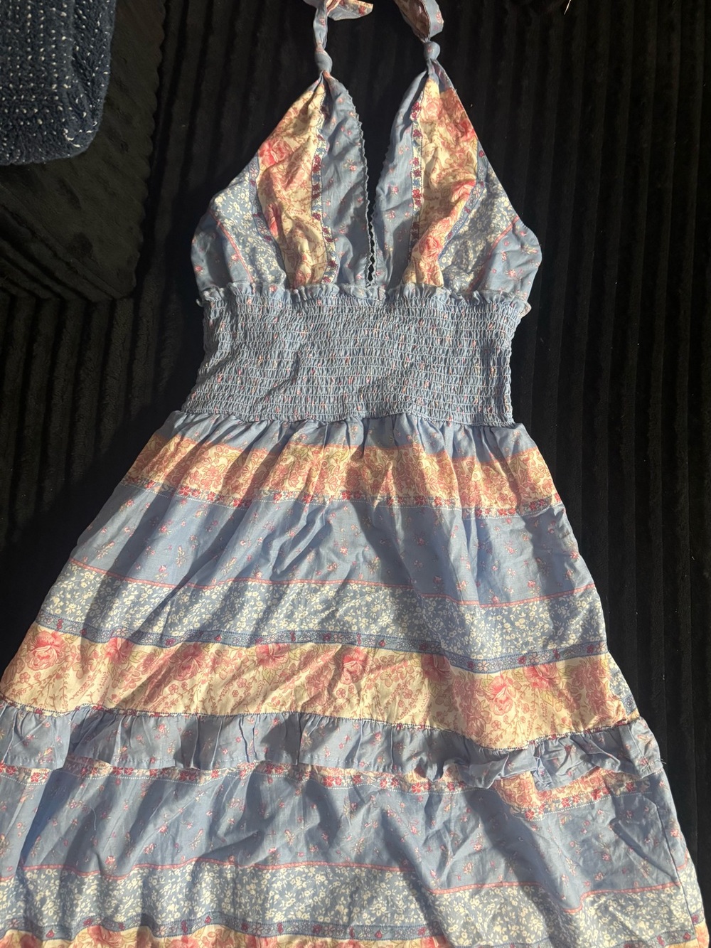 wild fable Light Blue Halter Tiered Mini Dress with Cream & Pink Stripes